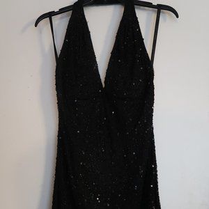 Dressy Black Beaded Halter Dress